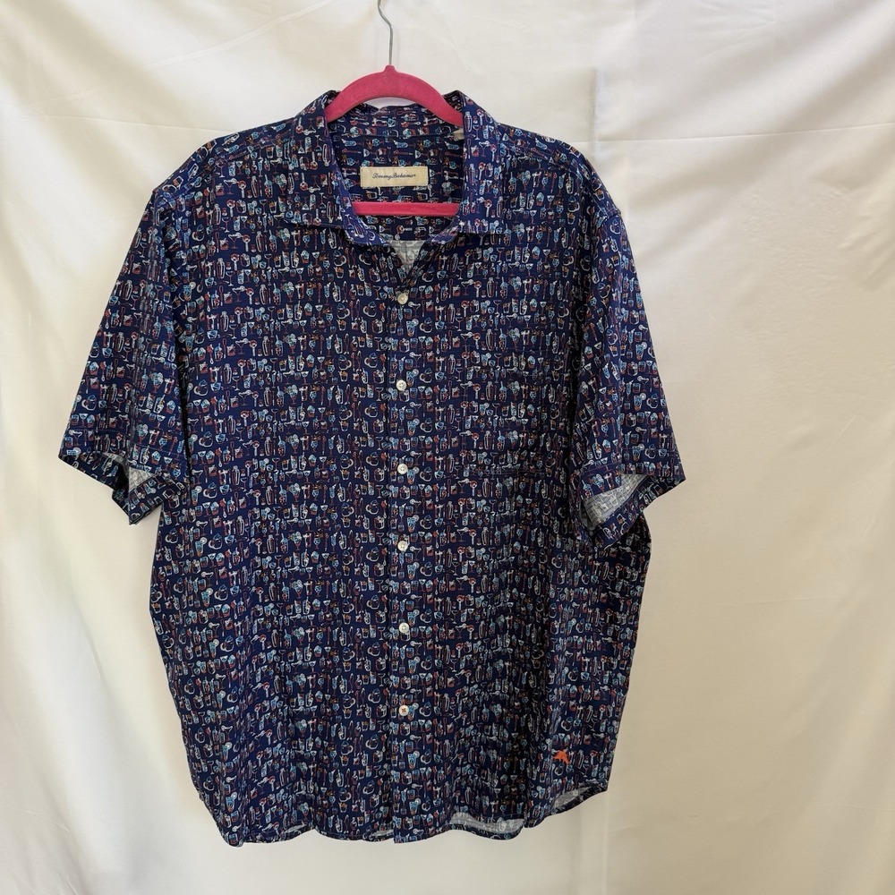 Tommy Bahama Men's XL Button‎ Down Shirt Blue Drinks Print Lenzing Ecovero